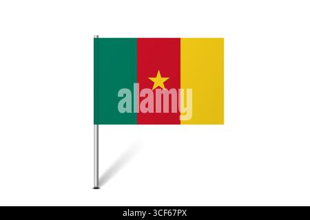 Kameruner Flagge - Karte Pin Flagge, die eine kulturelle Identität und ein kulturelles Erbe des Landes repräsentiert. Das Wesen des nationalen Stolzes und der Einheit. Kennung der Kartenstecknadel hängt auf weißem Hintergrund Stock Vektor