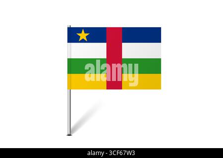 Flagge der Zentralafrikanischen Republik – Karte mit einer PIN-Flagge, die eine kulturelle Identität und ein kulturelles Erbe des Landes darstellt. Das Wesen des nationalen Stolzes und der Einheit. Kennung der Kartenstecknadel hängt auf weißem Hintergrund Stock Vektor
