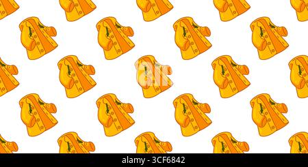 Nahtloses Regenmantelmuster In Gelb Mit Cartoon. Leuchtende Regenmäntel in flachem Stil, die als nahtloses Muster angeordnet sind. Wiederholtes Herbstmotiv mit Gummiboden Stock Vektor