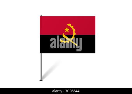 Angola-Flagge - Karte Pin-Flagge, die eine kulturelle Identität und ein kulturelles Erbe des Landes darstellt. Das Wesen des nationalen Stolzes und der Einheit. Kennung der Kartenstecknadel hängt auf weißem Hintergrund Stock Vektor