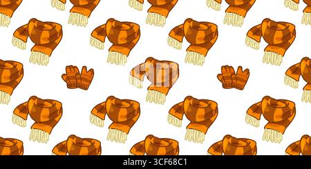 Orangefarbener Strickschal und Fäustlinge im Herbst-Stil, nahtloses Muster auf weißem Hintergrund. Illustration der gemütlichen saisonalen Kleidung für Stoff, Textil, Verpackung Stock Vektor