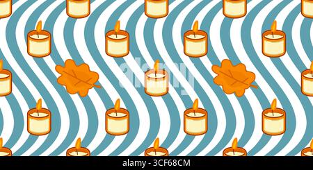 Herbstkerzen mit warmen Flammen und orangefarbenen Blättern auf gestreiftem blauem Hintergrund, nahtloses gemütliches Muster für saisonale Dekoration, Verpackung und Textil. Stock Vektor