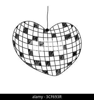 Disco Ball Herzform Liebe Hand gezeichnete Doodle Illustration. Liebe Musik, romantische einfache Ikone. Retro-Ball mit Reflektionen. . Vektorabbildung Stock Vektor