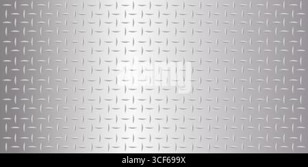 Diamantplatte Metallbeschaffenheit Stahl Schachbrettstahl Stahlblech Metallic Silber glänzende Oberfläche Hintergrund. Grafik mit industriellem Thema. Textur Aluminium oder Eisen. Vektorabbildung Stock Vektor