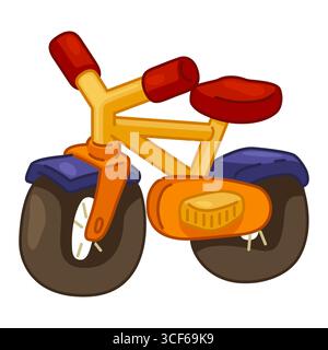 Helles Balance-Bike für Kinder im flachen Cartoon-Stil. Bunte Illustration mit dicken Rädern und rotem Sitz auf weißem Hintergrund. Stock Vektor
