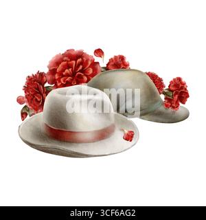 Die Nelkenrevolution von 1974 in Portugal, in der Zivilisten und Soldaten Baskenmützen zu Symbolen ihrer friedlichen Flut wurden, entfaltet sich alle unter den Blüten Stockfoto