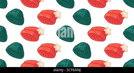 Nahtloses Red Green Winter-Hutmuster. Nahtloses Muster mit roten und grünen Strickmützen im flachen Cartoon-Stil. Kuschelige Winter Accessoire Illustration auf W Stock Vektor