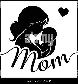 Eine minimalistische Schwarz-weiß-Illustration, die einen zärtlichen Moment zwischen Mutter und Kind darstellt. Die Mutter legt das Kind sanft in die Arme, b Stock Vektor