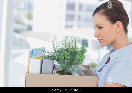 Frau mit blauem Hemd in einem Kasten mit Pflanzen, Ordnern, Ordnern in einem modernen Büro, Kopierraum Stockfoto