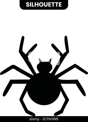 Eine scharfe, schwarze Silhouette einer Spinne mit ausgestreckten Beinen, die ein einfaches und dennoch effektives Symbol für Halloween-, Horror- oder Naturmotive darstellt. Stock Vektor