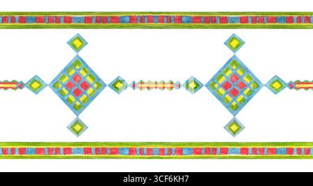Nahtlose Grenze traditionelles ethnisches äthiopisches geometrisches Ornament mit Rautenelementen. Isolierte Illustration mit Wasserfarben. Für Karte und Menü, Banner, A Stockfoto