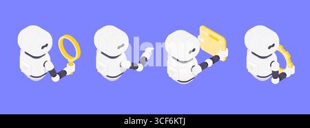 Isometrische Vektorabbildung mit KI-Chatbot-Robotern, die in einem Modus Datenanalyse, Internetsuche, Automatisierung und Systemoptimierung durchführen Stock Vektor