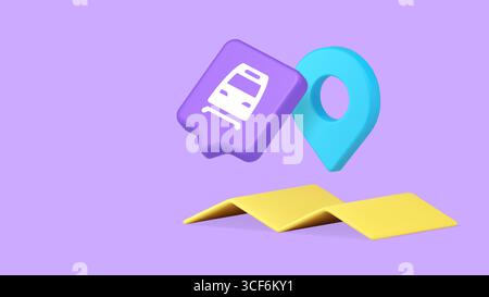 Bahnhofssymbol in Verbindung mit einer gelben Papierkarte und einer blauen Pin, die Reisen, Navigation, Planung sowie Geschäfts- oder Urlaubsnutzung für digitale p Stock Vektor