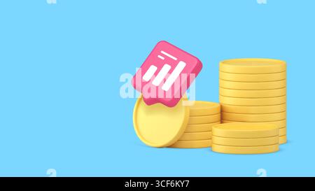 Gestapelte Goldmünzen kombiniert mit einem rosafarbenen Diagrammsymbol, das Finanz-, Geschäftsdaten- und Wirtschaftsanalysen in einer modernen digitalen Umgebung veranschaulicht. Stock Vektor