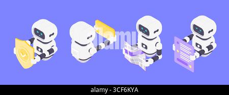 Moderne isometrische Vektorillustration, die vier KI-Roboter mit Sicherheitsschild, Datenhülle, Schichtkarte und Chat-Schnittstelle für Kunst zeigt Stock Vektor