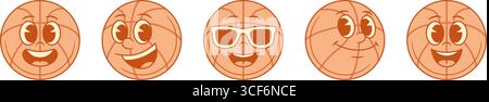 Lächelnde Emoji Basketball Ball Zeichentrickfigur Satz konturierte Vektor flache Illustration. Fröhliches, süßes Team-Sport-Club-Turnier-Maskottchen Emoticon che Stock Vektor