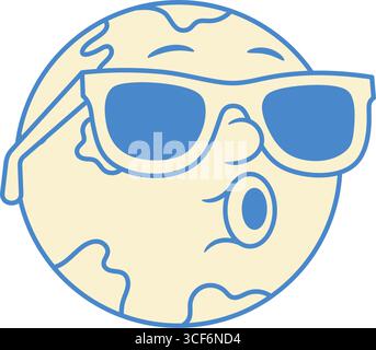 Funky Globe Erde Planet Cartoon Charakter Emoji in Sonnenbrille konturierte Vektor flache Illustration. Comic hinreißend minimalistisch pfeifend Global geograph Stock Vektor