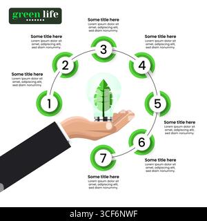 Infografik-Vorlage mit 7 Optionen oder Schritten. Grüne Energie. Kann für Workflow-Layout, Diagramm, Banner und Webdesign verwendet werden. Vektorabbildung Stock Vektor
