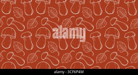 Nahtloses Muster von Strichkunstpilzen und Blättern auf rotem Hintergrund. Perfekt für Herbstmotive und botanische Illustrationen. Stock Vektor
