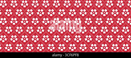 Minimalistisches nahtloses Blumenmuster mit weißen Blüten im Diamantgitter auf rotem Hintergrund. Elegantes geometrisches Textildesign für Verpackungen, Stoffe und Stock Vektor