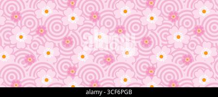 Verspieltes japanisches nahtloses Blumenmuster mit rosa Sakura-Blüten und kreisförmigen Wellen. Niedliches Hintergrunddesign in Pastellfarben, ideal für Stoff, Verpackung, Web Stock Vektor