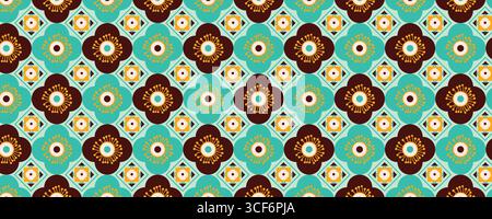 Japanisches nahtloses geometrisches Retro-Muster mit braunen und türkisfarbenen Blumenmotiven. Vintage asiatischer dekorativer Hintergrund ideal für Stoff, Verpackung, Web Stock Vektor