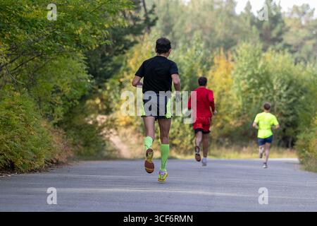 Gruppenathleten laufen im City-Marathon-Rennen auf der Rückseite Stockfoto