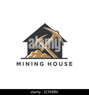 Mining House Mit Pickaxe Logo Vektor Design Illustration Vintage, Gold Mine House, Digger Home Konzept Stock Vektor