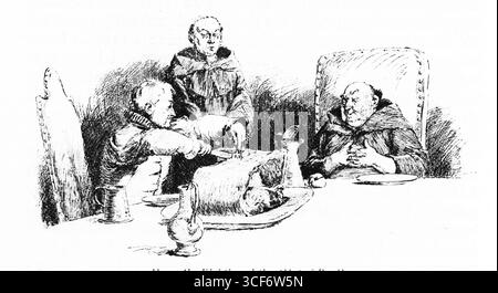 Drei gekleidete Figuren sitzen an einem bescheidenen Esstisch. Einer, wahrscheinlich Heinrich VIII., schneidet mit bewusster Fokussierung ein großes Rindfleisch, während der Abt of Reading feierlich zusieht. Ein dritter Mönch schließt seine Hände in ruhiger Reflexion. Die Szene erinnert an zeremonielle Spannungen, die in kirchlichen Möbeln und Tudorkleidung angesiedelt sind und einen Moment symbolischer Gastfreundschaft vor dem politischen Zusammenbruch suggerieren. Illustration wurde erstmals 1888 von Richard Clay and Sons in dem Buch Coaching Days and Coaching Ways von W. Outram Tristram veröffentlicht. Die Illustratoren waren Herbert Railton und Hugh Thomson. Stockfoto