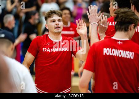 Farum, Dänemark. August 2025. Jonathan Klussmann aus Dänemark war bei der FIBA-Weltmeisterschaft 2027 in der Europameisterschaft zwischen Dänemark und Kroatien in der Farum Arena in Farum zu sehen. Quelle: Gonzales Photo/Alamy Live News Stockfoto