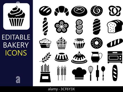 Charmante Bäckerei-Ikonen für köstliche Designs, mit köstlichem Brot, Gebäck und Leckereien in modernem, minimalistischem Stil für Menüs und mehr Stock Vektor