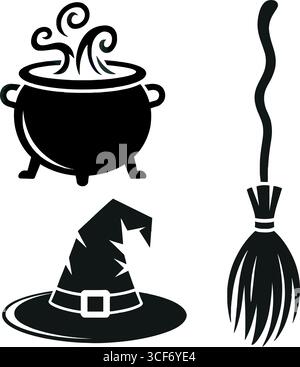 Die gruselige Halloween-Magie mit Kessel, Hut und Besenstiel ist perfekt für deine Urlaubsprojekte und -Designs in dieser Saison Stock Vektor