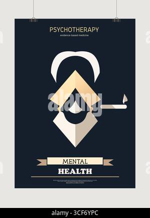 Minimalistische Psychotherapie und Bewusstsein für psychische Gesundheit. Zeigt ein stilisiertes geometrisches Porträt von Sigmund Freud, das psychologische Therap symbolisiert Stock Vektor