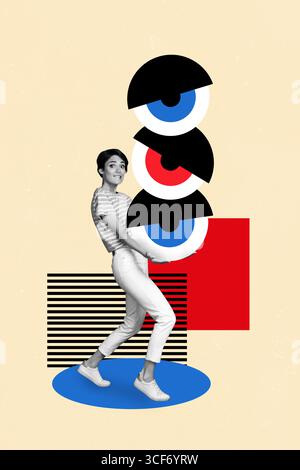 3D Collage Trend Artwork Composite Sketch Poster der jungen Dame zu Fuß Anstrengung Handgriff Stapel drei Augen Augen Fokus Uhr sehen Psychedelic Stockfoto