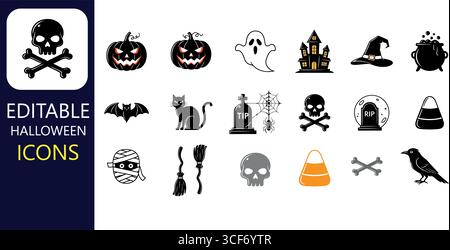Gruselige Halloween Icons Kollektion mit Kürbis, Geist, schwarzer Katze, Schädel und mehr für deine gruseligen Designs und Partyeinladungen Stock Vektor