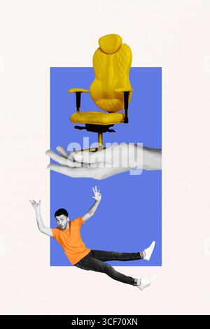 Trendschablone Skizzendesign 3D Fotocollage von Hand halten Sessel Arbeitslosigkeit Arbeiter Stress arbeitslos Ablehnung junger Mann fallen nach unten Stockfoto