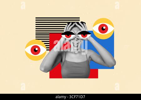 Trend-Artwork Sketch Design Montage 3D Collage der jungen Frau Porträt Hand Geste Augen Uhr Entdecken Sie Suchsteuerung Uhr Escape Stockfoto