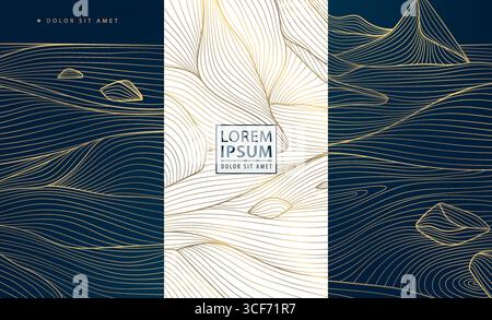 Vektorsatz Wasser mit Felsen, Meer und Berge japanischen Stil Abdeckungen, Etiketten, Verpackungsdesign. Gold auf weißen und blauen asiatischen abstrakten Naturmustern Stock Vektor