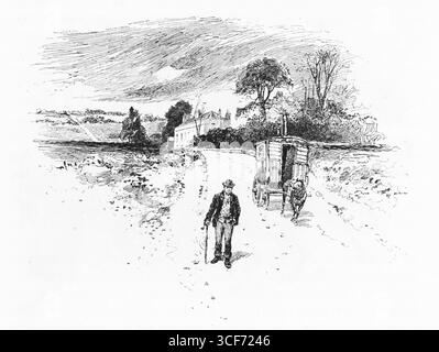 Das Seven Thorns Inn, Liphook, steht neben der staubigen Straße, wo Wagen und Pferd im ländlichen Rhythmus anhalten. Ein einsamer Reisender schreitet vorwärts, Stock in der Hand, eingerahmt von offenen Feldern und weit entfernten Bäumen. Die Szene weckt Coaching-Müdigkeit und pastorale Kontinuität – wo Gasthäuser Ruhepausen waren und die Landschaft Zeuge zahlloser ruhiger Reisen war. Illustration wurde erstmals 1888 von Richard Clay and Sons in dem Buch Coaching Days and Coaching Ways von W. Outram Tristram veröffentlicht. Die Illustratoren waren Herbert Railton und Hugh Thomson. Stockfoto