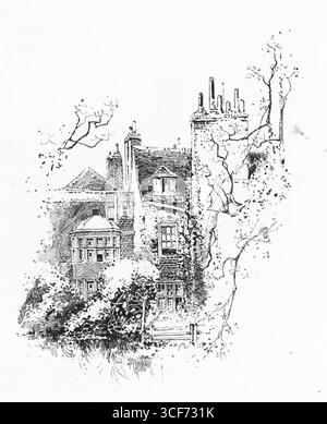 Das Restauration House erhebt sich hinter Laub, seinen steilen Dächern und den durch Efeu und Alter gedämpften Schornsteinen. Bucht-Fenster und kunstvolle Ziegelsteinmauerwerke deuten auf Reichtum und Geschichte hin, während Kletterweben die Grenze zwischen Architektur und Natur verwischen. Das feine Detail der Illustration erinnert an Rochesters geschichtete Vergangenheit – elegant, leicht bewachsen und leise würdevoll. Illustration wurde erstmals 1888 von Richard Clay and Sons in dem Buch Coaching Days and Coaching Ways von W. Outram Tristram veröffentlicht. Die Illustratoren waren Herbert Railton und Hugh Thomson. Stockfoto