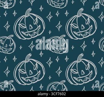 Nahtloses Vektor-Muster mit linearen hellen Halloween-Kürbissen und Sternen auf einem dunklen Hintergrund. Geeignet für Textilien, Hintergründe und vieles mehr für Jugendliche und Kinder Stockfoto