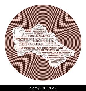 Turkmenistan Vektorbild. Country Round-Logo-Design. Turkmenistan-Poster in Kreisbögen und Wordwolken-Stil. Illustration des Strahlungsvektors. Stock Vektor