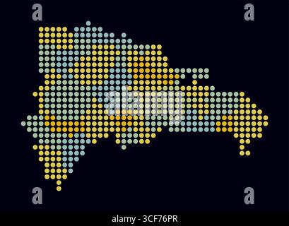 Gepunktete Karte der Dominikanischen Republik. Digitale Landkarte des Landes auf dunklem Hintergrund. Dominikanische Republik Form mit Kreispunkten. Farbige Punkte. Stock Vektor