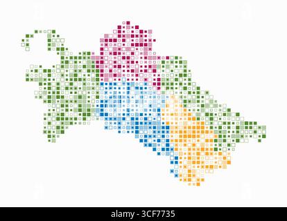 Turkmenistan, die Form des Landes, gebaut aus farbigen Zellen. Digitale Karte Turkmenistans auf weißem Hintergrund. Kleine quadratische Blöcke. Stock Vektor