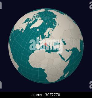 Italien auf der Karte. Globus mit Schwerpunkt Italien. Land auf der Weltkarte. Farbpalette Teal Pale Mint. Stock Vektor