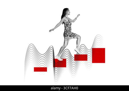 Skizzenbild Artwork Composite 3D Foto Collage von Solve Problem überwinden junge Frau Walk Leiter Linie Illustration Karriere Promotion Stockfoto