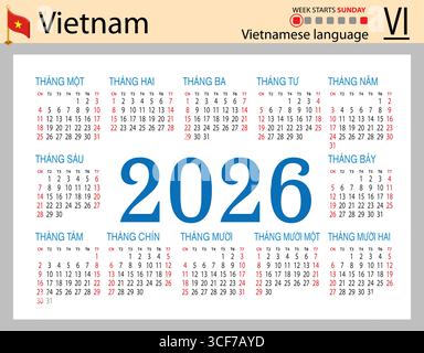 Vietnam horizontale Taschenkalender für 2026 (zweitausendsechsundzwanzig). Woche beginnt Sonntag. Neujahr. Einfaches Design in Farbe. Vektor Stock Vektor