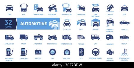 Symbolsatz „Automotive“. Mit Fahrzeugmechaniker, Reifen, Lenkrad und mehr. Ausgefüllte Symbolsammlung. Vektorabbildung. Flaches Symbol. Einfaches Fahrzeug Stock Vektor