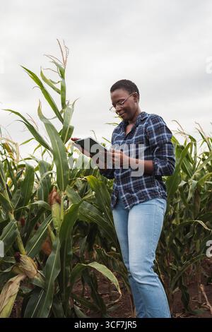 Junge afrikanische Farmerin mit Digital Tablet im Maisfeld Stockfoto