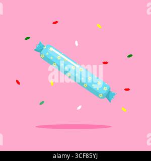 Blaue Süßigkeiten mit Sternen und Konfetti auf einem rosa Hintergrund Vektor-Illustration Cartoon-Design Stock Vektor